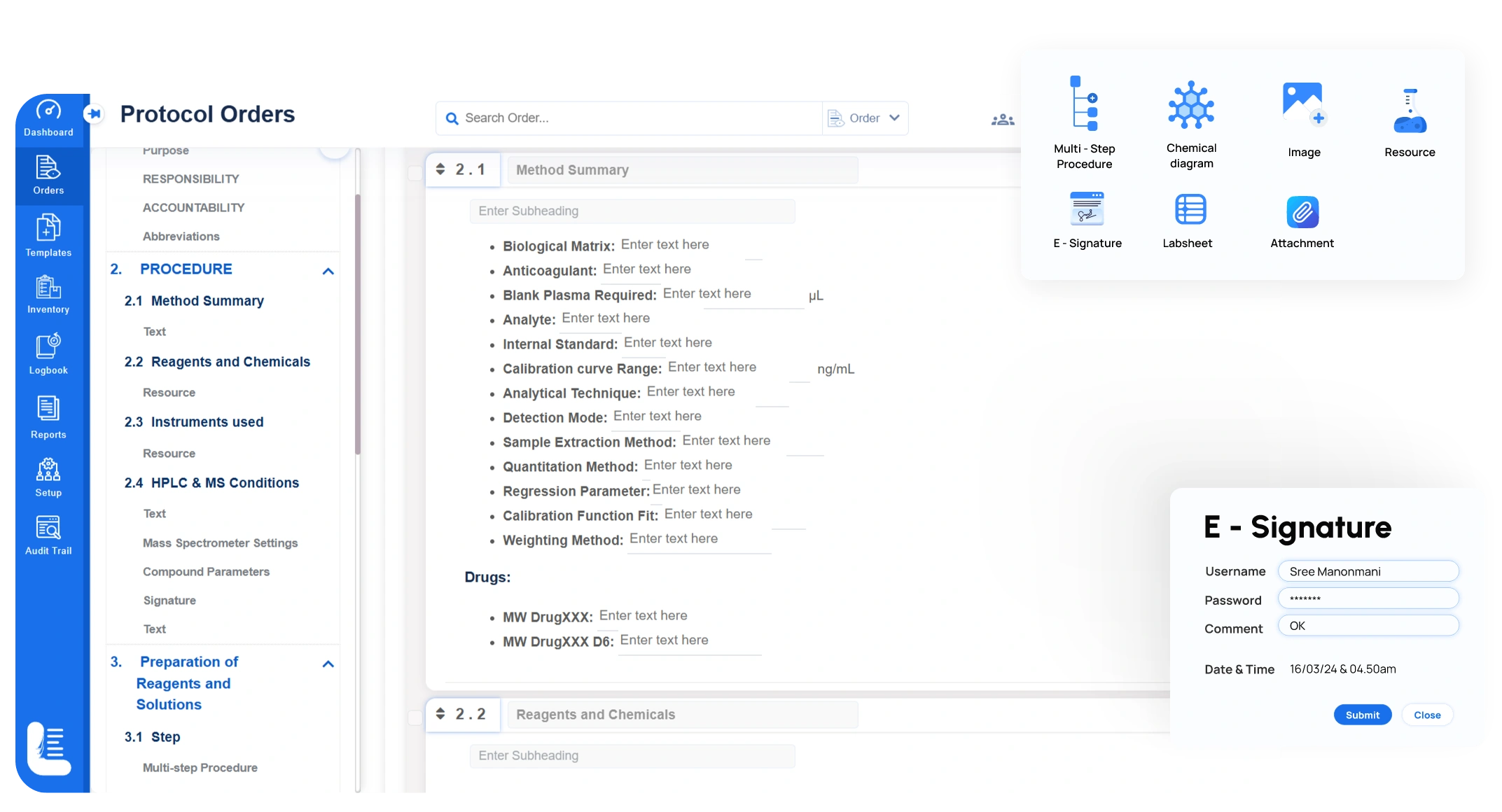 Logilab Electronic Lab Notebook — applies electronic signatures and approval workflows for GxP compliance.