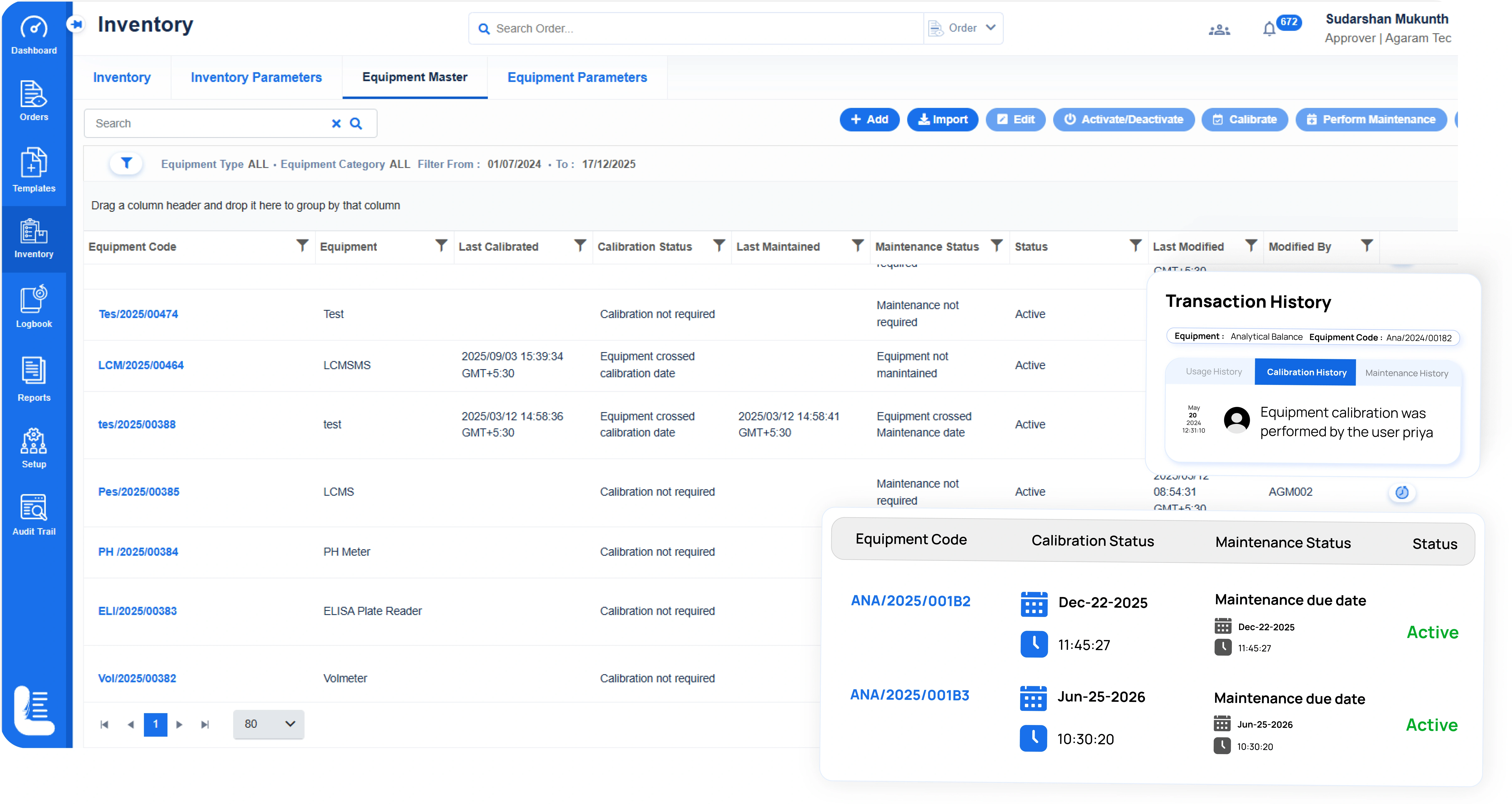 Track instrument usage, calibration, and maintenance records — Logilab Electronic Lab Notebook(ELN).