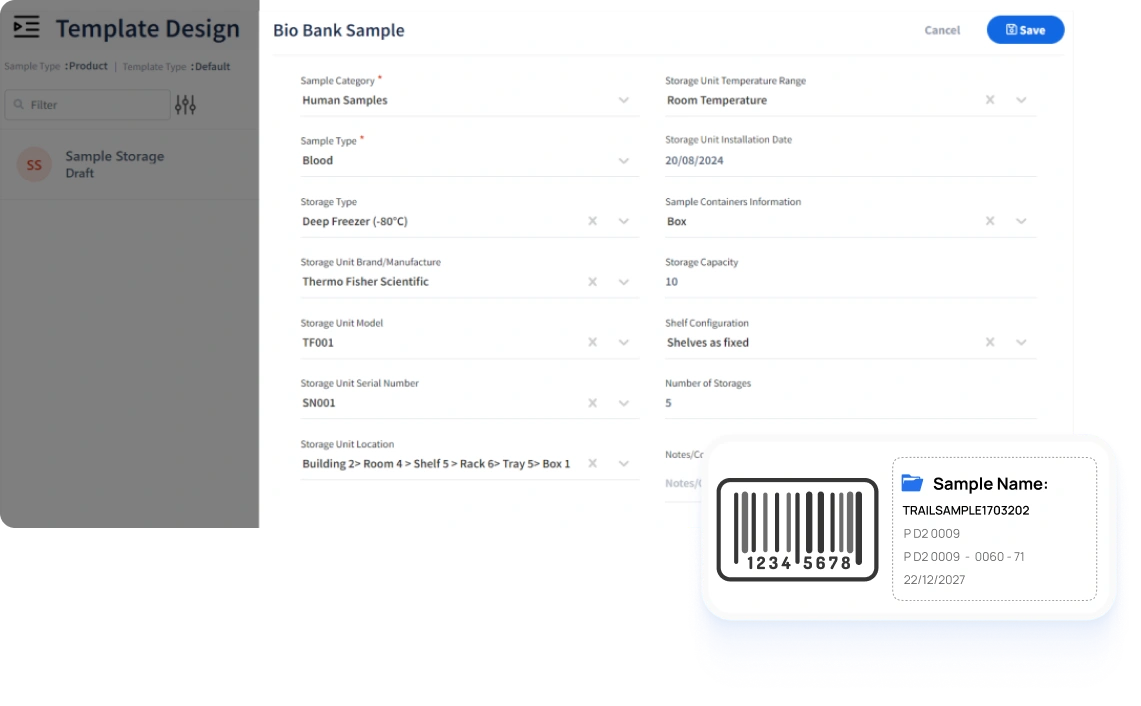 Configurable sample registration and barcode ID management in Qualis Biobank