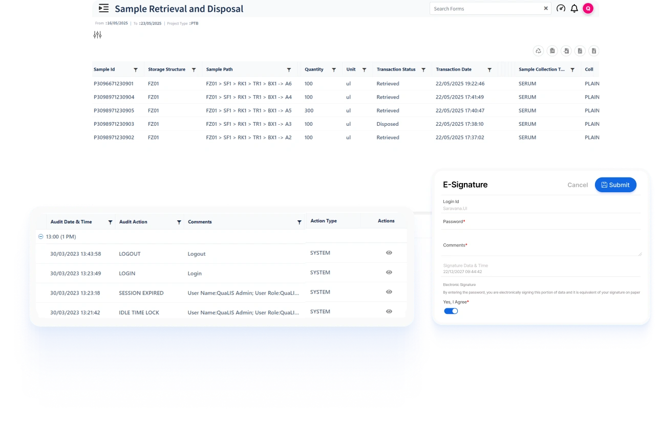 Secure sample disposal workflows with audit trails and e-signatures in Qualis Biobank